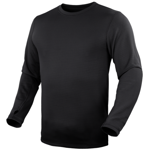 The Condor Base II Crew Pullover is a plain black long-sleeve shirt with thumbholes and a crew neck, ideal for EDC or law enforcement use, shown on a featureless background.
