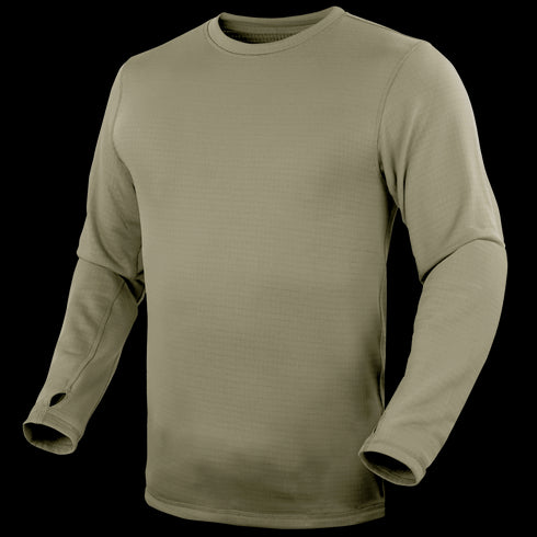The Condor Base II Crew Pullover is an olive green long-sleeve crewneck shirt with thumb holes, perfect for EDC or bushcraft, shown on a plain background.