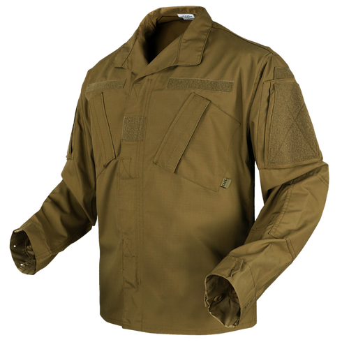 The Condor Cadet Class C Uniform Coat is a brown tactical jacket with multiple angled chest and arm pockets, velcro patches, and long sleeves—ideal for military or law enforcement—displayed on a plain background.