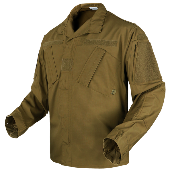 The Condor Cadet Class C Uniform Coat is a brown tactical jacket with multiple angled chest and arm pockets, velcro patches, and long sleeves—ideal for military or law enforcement—displayed on a plain background.