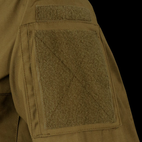 Close-up of the Condor Cadet Class C Uniform Coat sleeve, featuring a large rectangular Velcro patch area and reinforced stitching, designed for professionals in military or law enforcement roles.
