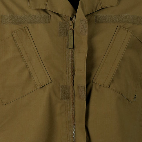 Close-up of the Condor Cadet Class C Uniform Coat in khaki, featuring a central zipper, two Velcro-flap chest pockets, and extra Velcro fastenings near the top.
