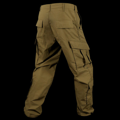 The Condor Cadet Class C Uniform Pants are shown from the back, featuring multiple flap pockets and a relaxed fit—ideal for military use or a day at the shooting range.