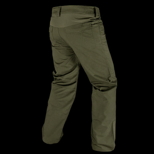 Back view of Condor Odyssey Pants Gen III in olive green with multiple pockets and straight legs, designed for military or first responders, shown on a plain white background.
