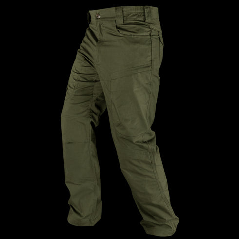 The Condor Odyssey Pants Gen III in olive green feature multiple pockets and are shown from the left side at a slight angle on an invisible mannequin—ideal for military or first responder use.