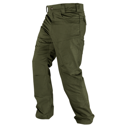 The Condor Odyssey Pants Gen III in olive green feature multiple pockets and are shown from the left side at a slight angle on an invisible mannequin—ideal for military or first responder use.