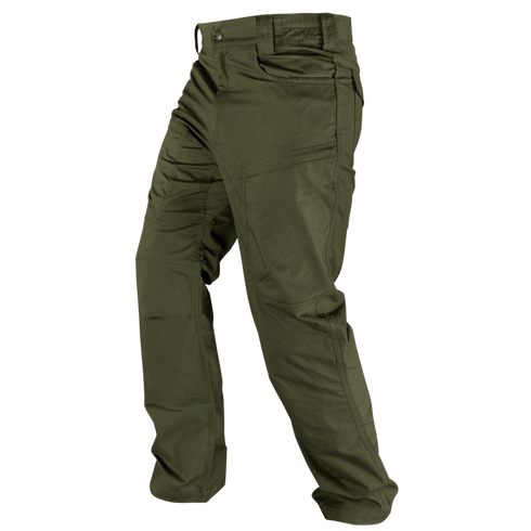 The Condor Odyssey Pants Gen III in olive green feature multiple pockets and are shown from the left side at a slight angle on an invisible mannequin—ideal for military or first responder use.