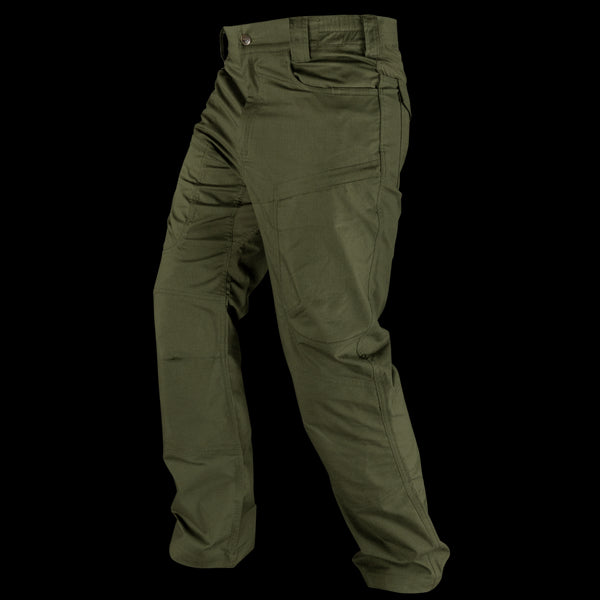 The Condor Odyssey Pants Gen III in olive green feature multiple pockets and are shown from the left side at a slight angle on an invisible mannequin—ideal for military or first responder use.