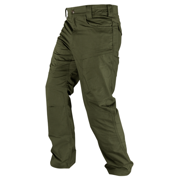 The Condor Odyssey Pants Gen III in olive green feature multiple pockets and are shown from the left side at a slight angle on an invisible mannequin—ideal for military or first responder use.