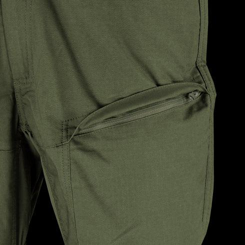 Close-up of an olive green Condor Odyssey Pants Gen III leg, highlighting the zippered thigh pocket.