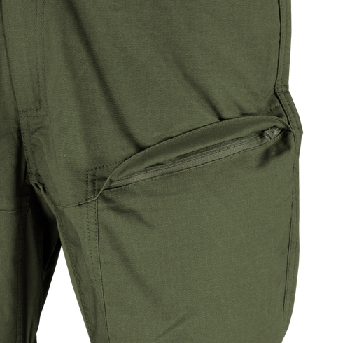 Close-up of an olive green Condor Odyssey Pants Gen III leg, highlighting the zippered thigh pocket.
