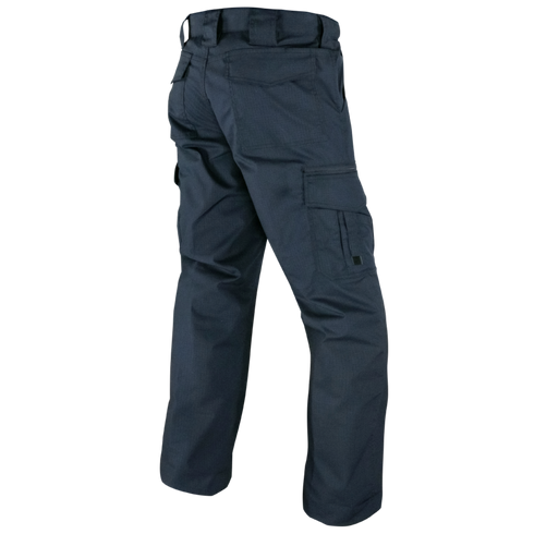 Back view of Condor Mens Protector EMS Pants in dark blue, featuring multiple pockets, displayed on a white background.