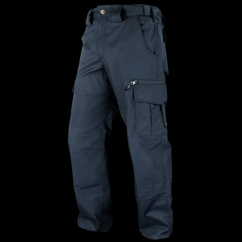 Condor Mens Protector EMS Pants in navy blue feature multiple pockets, belt loops, and a visible zipper on one pocket, shown against a white background.