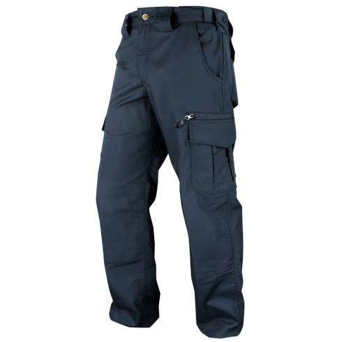 Condor Mens Protector EMS Pants in navy blue feature multiple pockets, belt loops, and a visible zipper on one pocket, shown against a white background.