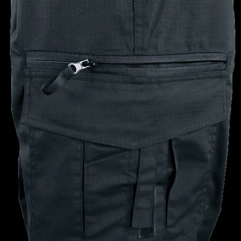 Close-up of Condor Womens Protector EMS Pants in black, highlighting a horizontal zippered pocket above a flap pocket with tab and stitching, designed for first responders.