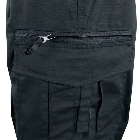 Close-up of Condor Mens Protector EMS Pants in black, highlighting a horizontal zippered pocket above a flap pocket.