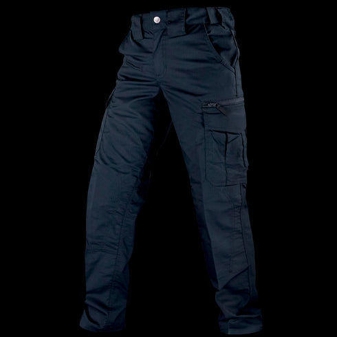 The Condor Womens Protector EMS Pants are black tactical cargo pants with multiple pockets, including a large right-leg side pocket, shown against a white background.
