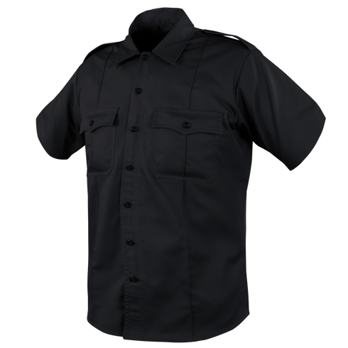 The Condor Mens Class B Uniform Shirt | SALE is a black, short-sleeved tactical button-up with two chest pockets and shoulder epaulets.