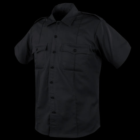 The Condor Mens Class B Uniform Shirt | SALE is a black, short-sleeved tactical button-up with two chest pockets and shoulder epaulets.