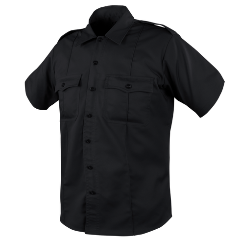 The Condor Mens Class B Uniform Shirt | SALE is a black, short-sleeved tactical button-up with two chest pockets and shoulder epaulets.