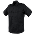 The Condor Mens Class B Uniform Shirt | SALE is a black, short-sleeved tactical button-up with two chest pockets and shoulder epaulets.