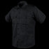 The Condor Mens Class B Uniform Shirt | SALE is a black, short-sleeved tactical button-up with two chest pockets and shoulder epaulets.