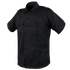 The Condor Mens Class B Uniform Shirt | SALE is a black, short-sleeved tactical button-up with two chest pockets and shoulder epaulets.