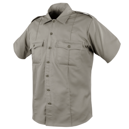 The Condor Mens Class B Uniform Shirt is a short-sleeve khaki shirt featuring a button front, two button-flap chest pockets, and shoulder epaulets, ideal for tactical or law enforcement use. Now on SALE. Displayed on a plain background.