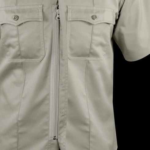 The Condor Womens Class B Uniform Shirt in light gray features short sleeves, two chest pockets, and a front zipper closure—ideal for bushcraft or first responders. Shown against a plain background. On sale now!.