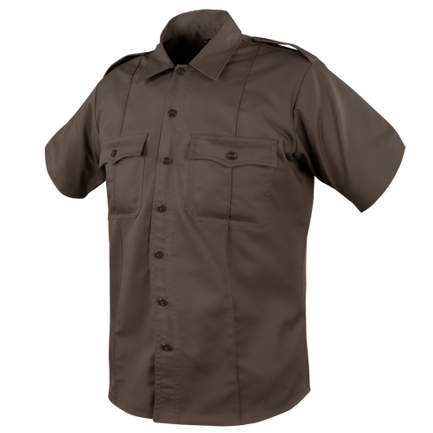 The Condor Mens Class B Uniform Shirt, on sale, is a short-sleeve brown button-up with two chest pockets and shoulder epaulets, inspired by classic military style and displayed on a plain background.
