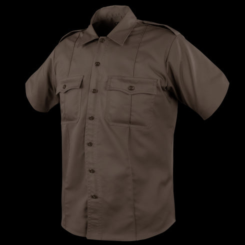 The Condor Mens Class B Uniform Shirt, on sale, is a short-sleeve brown button-up with two chest pockets and shoulder epaulets, inspired by classic military style and displayed on a plain background.