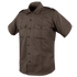 The Condor Mens Class B Uniform Shirt, on sale, is a short-sleeve brown button-up with two chest pockets and shoulder epaulets, inspired by classic military style and displayed on a plain background.