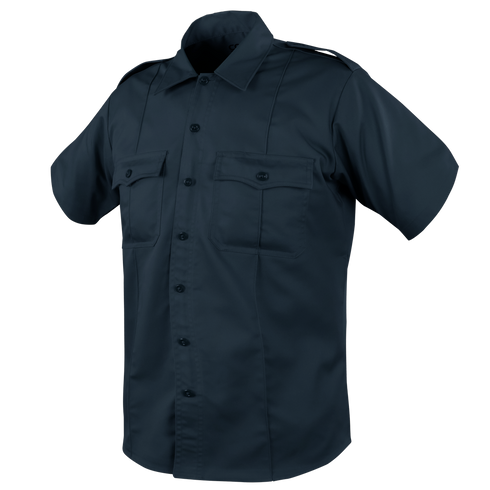 The Condor Mens Class B Uniform Shirt | SALE features short sleeves, dark navy color, dual chest pockets, tactical shoulder epaulets, and a pointed collar—perfect for military or law enforcement professionals.