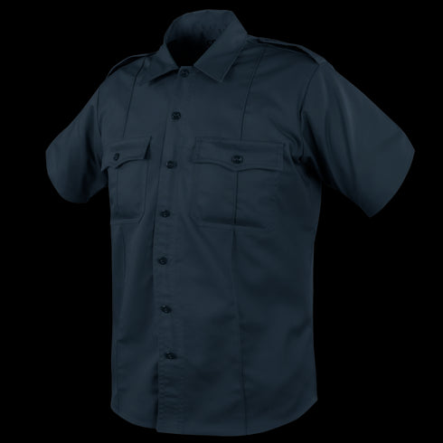 The Condor Mens Class B Uniform Shirt | SALE features short sleeves, dark navy color, dual chest pockets, tactical shoulder epaulets, and a pointed collar—perfect for military or law enforcement professionals.
