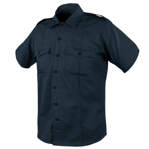 The Condor Mens Class B Uniform Shirt | SALE features short sleeves, dark navy color, dual chest pockets, tactical shoulder epaulets, and a pointed collar—perfect for military or law enforcement professionals.