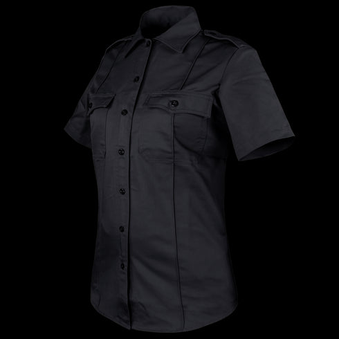 The Condor Womens Class B Uniform Shirt, a black short-sleeve button-up with two chest pockets and collar, is designed for range sessions and showcased on a plain background. On sale now.