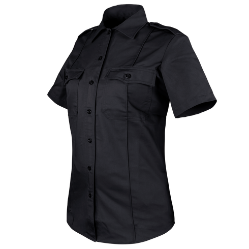 The Condor Womens Class B Uniform Shirt, a black short-sleeve button-up with two chest pockets and collar, is designed for range sessions and showcased on a plain background. On sale now.