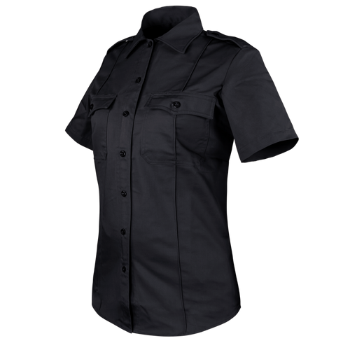The Condor Womens Class B Uniform Shirt, a black short-sleeve button-up with two chest pockets and collar, is designed for range sessions and showcased on a plain background. On sale now.