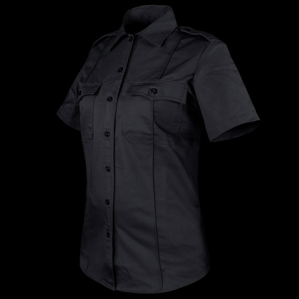 The Condor Womens Class B Uniform Shirt, a black short-sleeve button-up with two chest pockets and collar, is designed for range sessions and showcased on a plain background. On sale now.
