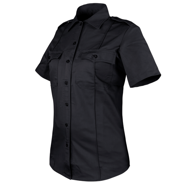 The Condor Womens Class B Uniform Shirt, a black short-sleeve button-up with two chest pockets and collar, is designed for range sessions and showcased on a plain background. On sale now.