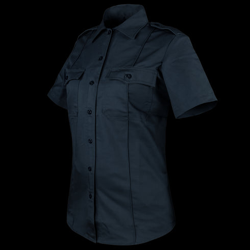 The Condor Womens Class B Uniform Shirt | SALE is a short-sleeve dark navy button-up with two chest pockets and shoulder epaulets, featuring classic military style, shown on a white background.