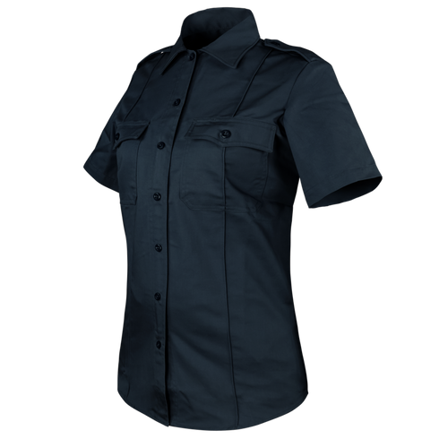 The Condor Womens Class B Uniform Shirt | SALE is a short-sleeve dark navy button-up with two chest pockets and shoulder epaulets, featuring classic military style, shown on a white background.