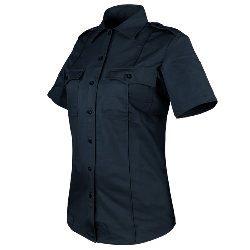 The Condor Womens Class B Uniform Shirt | SALE is a short-sleeve dark navy button-up with two chest pockets and shoulder epaulets, featuring classic military style, shown on a white background.