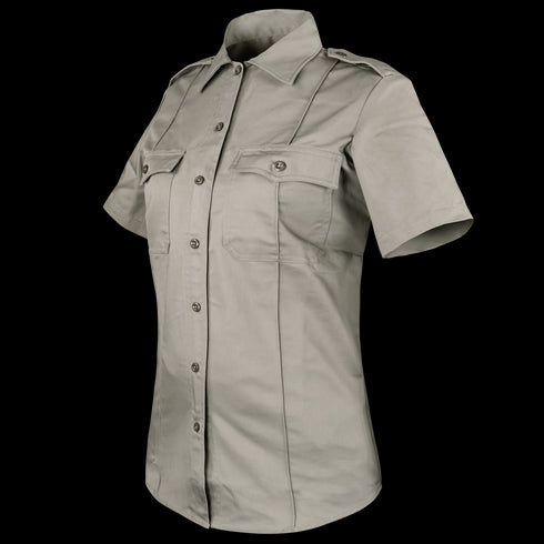 The Condor Womens Class B Uniform Shirt, a short-sleeve khaki button-up with two chest pockets and epaulettes, is shown on a white background. Now on SALE.