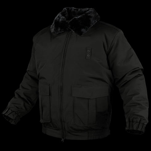 The Condor Guardian Duty Jacket | SALE is a black winter jacket featuring a faux fur collar, front zipper, two large flap pockets, and elastic cuffs and waistband—perfect for first responders or anyone seeking a sleek tactical look.
