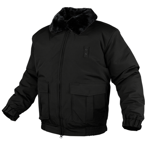 The Condor Guardian Duty Jacket | SALE is a black winter jacket featuring a faux fur collar, front zipper, two large flap pockets, and elastic cuffs and waistband—perfect for first responders or anyone seeking a sleek tactical look.
