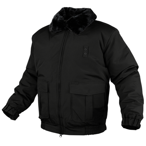 The Condor Guardian Duty Jacket | SALE is a black winter jacket featuring a faux fur collar, front zipper, two large flap pockets, and elastic cuffs and waistband—perfect for first responders or anyone seeking a sleek tactical look.