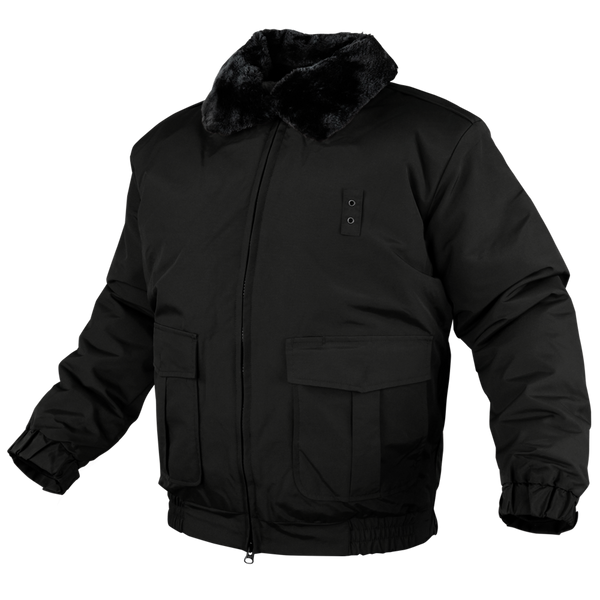 The Condor Guardian Duty Jacket | SALE is a black winter jacket featuring a faux fur collar, front zipper, two large flap pockets, and elastic cuffs and waistband—perfect for first responders or anyone seeking a sleek tactical look.