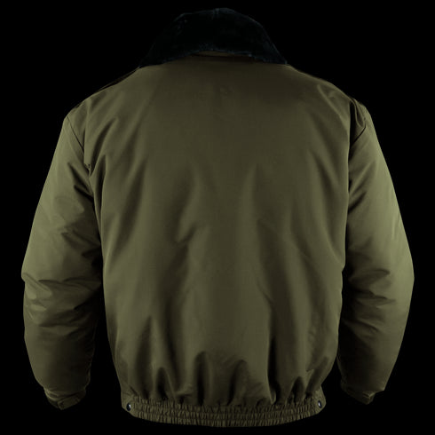 Back view of the Condor Guardian Duty Jacket in olive green, featuring a black collar, insulated design, and elastic cuffs and hem. On SALE.