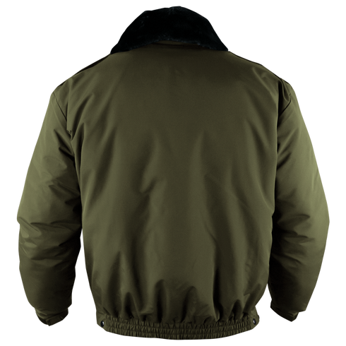 Back view of the Condor Guardian Duty Jacket in olive green, featuring a black collar, insulated design, and elastic cuffs and hem. On SALE.
